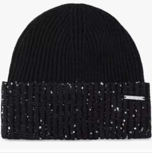Michael Kors Sequin Metallic Sparkle Glitter Ribbed Winter Hat Black One Size
